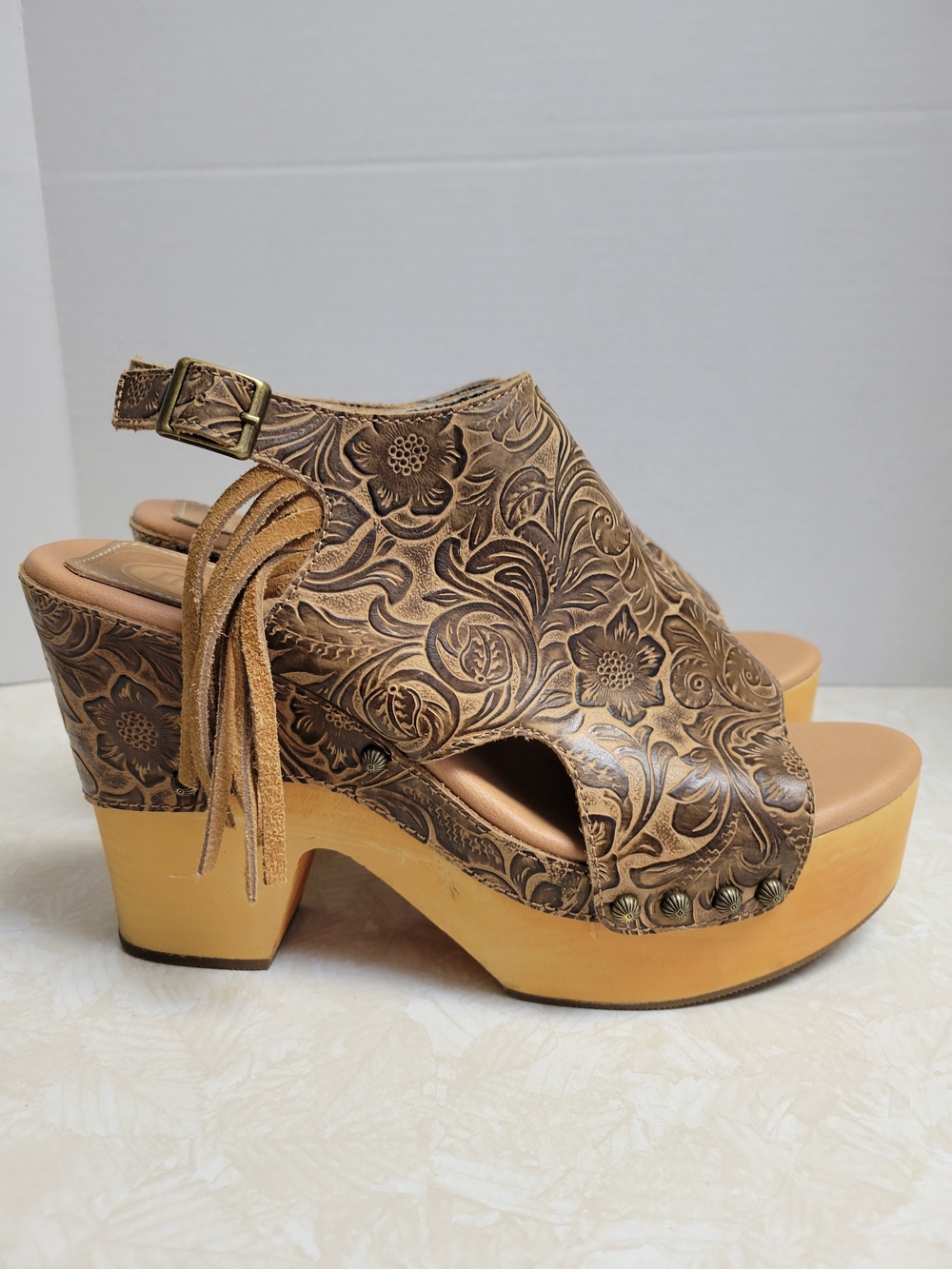 dingo Brown Floral Tooled Platform Clogs